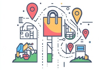 Delivery route map illustration featuring grocery bag icon and location pins in clean modern design