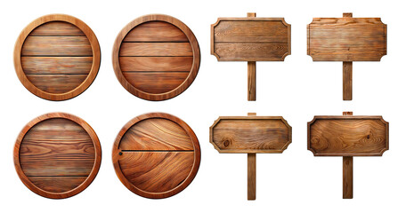 Wooden Sign Collection with Circular and Rectangular Shapes, Bundle Set Collection, Isolated on Transparent Background