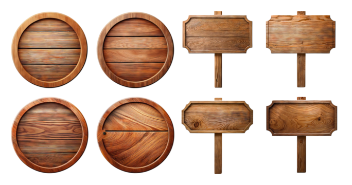 Wooden Sign Collection with Circular and Rectangular Shapes, Bundle Set Collection, Isolated on Transparent Background