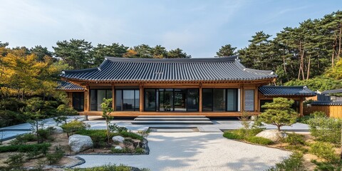 Obraz premium A traditional styled house sitting amongst lush green surroundings