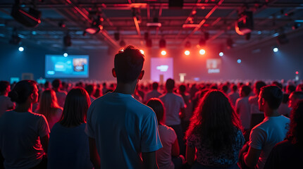 Event Crowd at Venue with Dramatic Red Blue Stage Lighting - People