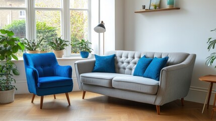 Fototapeta premium Modern Living Room with Blue Accent Chair and Sofa