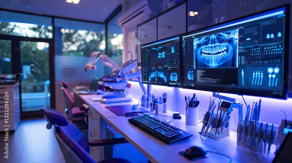 Poster a modern dental office equipped with high tech monitors displaying dental scans and tools. the space