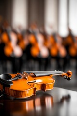 Fototapeta premium Single violin rests on a table, a blurred orchestra in the background.