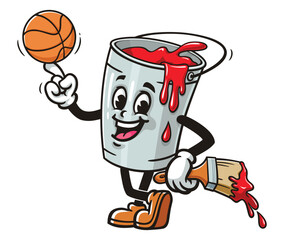 Cartoon mascot character Paint bucket  playing basketball