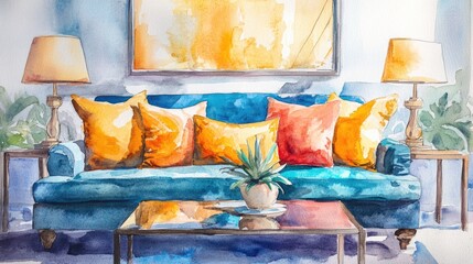 This charming watercolor painting of a cozy living room features plush orange cushions and bright decor, creating an inviting space filled with warmth and tranquility.