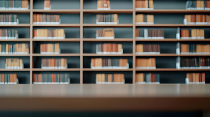 Empty Wooden Table in Front of Blurred Bookshelves in a Classic Library Interior With Warm Lighting