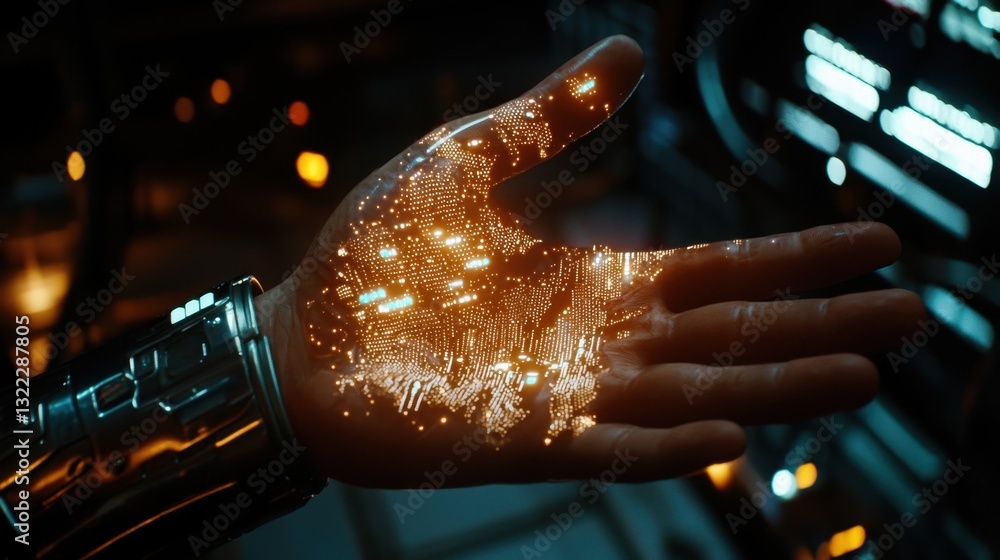 Poster a metallic hand shows a vibrant digital map with glowing elements. the background features advanced 