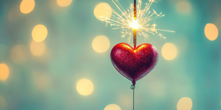 Sparkling heart with burning sparkler in festive bokeh background