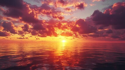 A breathtaking sunset unfolds as vibrant hues of orange, pink, and purple reflect on the tranquil ocean surface. Soft clouds enhance the colorful display, creating a serene atmosphere