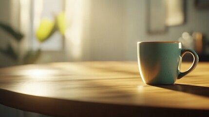   Close-up of coffee cup on table, sunlight through window, plant in background