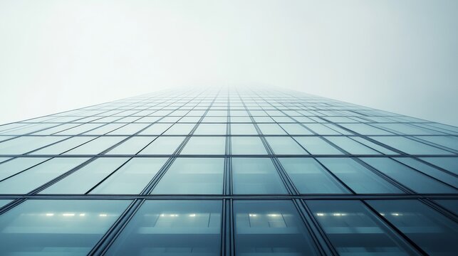 A towering glass building disappears into the fog, creating a surreal blend of sharp lines and blurred horizon.