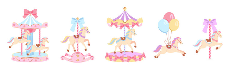 Carousel horse baby shower set with circus or amusement park merry-go-round attraction elements © Mykola Syvak
