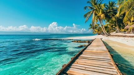 Fototapeta premium Wooden dock leads to sandy shore with palm trees Water in background