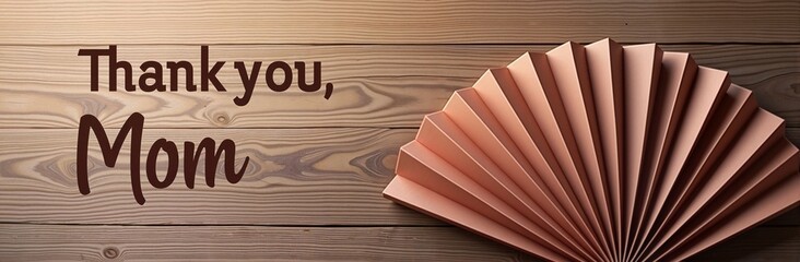 Elegant paper fan in soft pink color with wooden background, representing appreciation and gratitude, concept of stationery or event planning