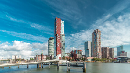 Hyperlapse of the Rijnhaven Bridge with skyscrapers in Rotterdam, Netherlands.