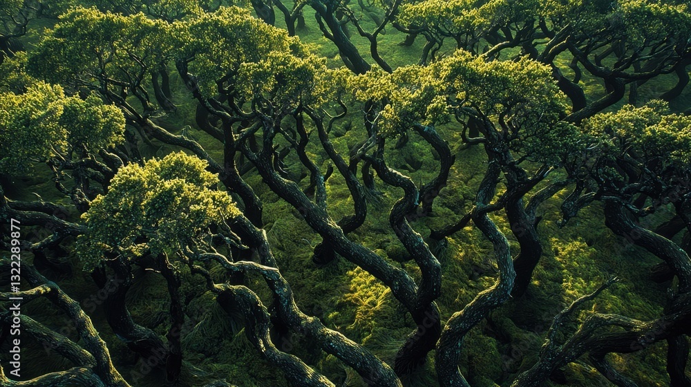 Poster a dense forest filled with uniquely twisted trees exhibits vibrant green leaves. sunlight filters th