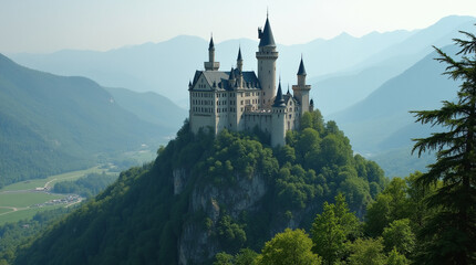 A breathtaking view of a grand castle perched atop a mountain, surrounded by lush greenery and rolling hills.