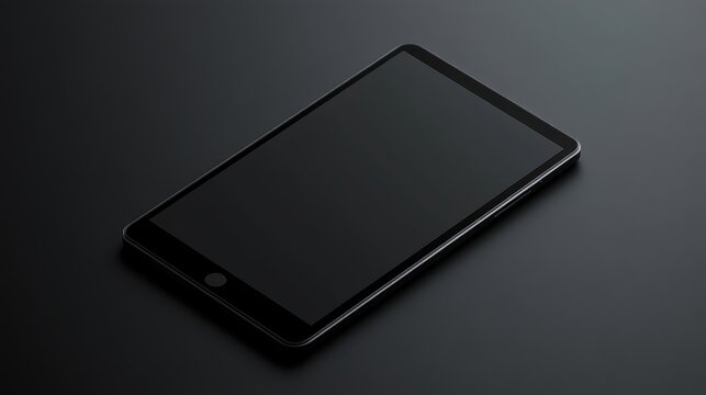 A realistic isometric mockup of a sleek black tablet PC, ideal for presentations and design projects, presented in a PNG format without a white background.