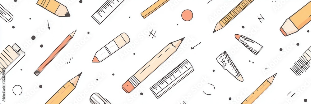 Poster seamless pattern of design tools featuring pencils, rulers, and color palettes in a soft monochrome 
