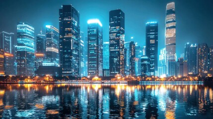 Fototapeta premium Brightly lit skyscrapers dominate the city skyline at night, reflecting beautifully on the calm water below. The atmosphere is vibrant and energetic, showcasing urban life