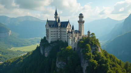 A breathtaking view of a grand castle perched atop a mountain, surrounded by lush greenery and rolling hills.