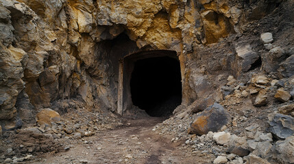 Exterior view of cave entrance in a historical mineral mine, featuring a dark opening in the rock wall