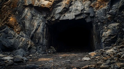 Exterior view of cave entrance in a historical mineral mine, featuring a dark opening in the rock wall