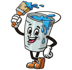 Cartoon mascot character Paint bucket holding a paintbrush