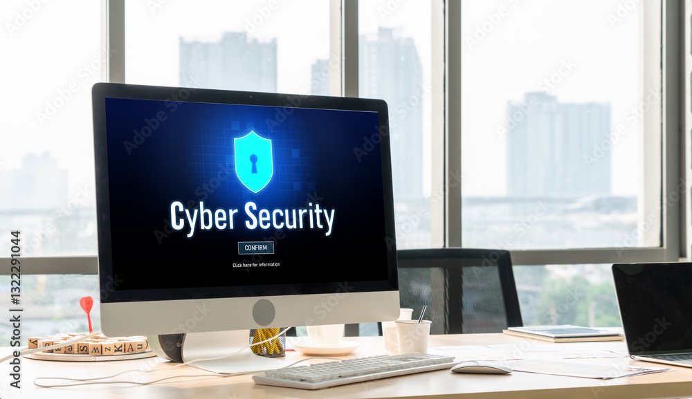 Poster cyber security system on computer screen protect private information snugly from hacker and cyber at
