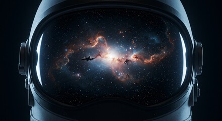 Astronaut helmet reveals cosmic nebula, spacecraft and spacewalker, symbolizing space exploration for scientific research and discovery in space mission