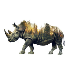 Obraz premium Power of nature revealed through rhino and forest double exposure art concept, Rhino and forest double exposure, concept of power of the nature with White background