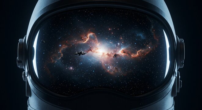 Astronaut helmet reveals cosmic nebula, spacecraft and spacewalker, symbolizing space exploration for scientific research and discovery in space mission