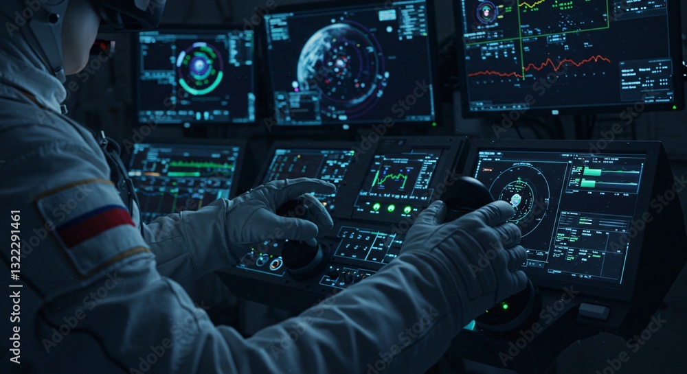 Poster man controls space flight from mission control center with multiple monitors displaying data, radar 