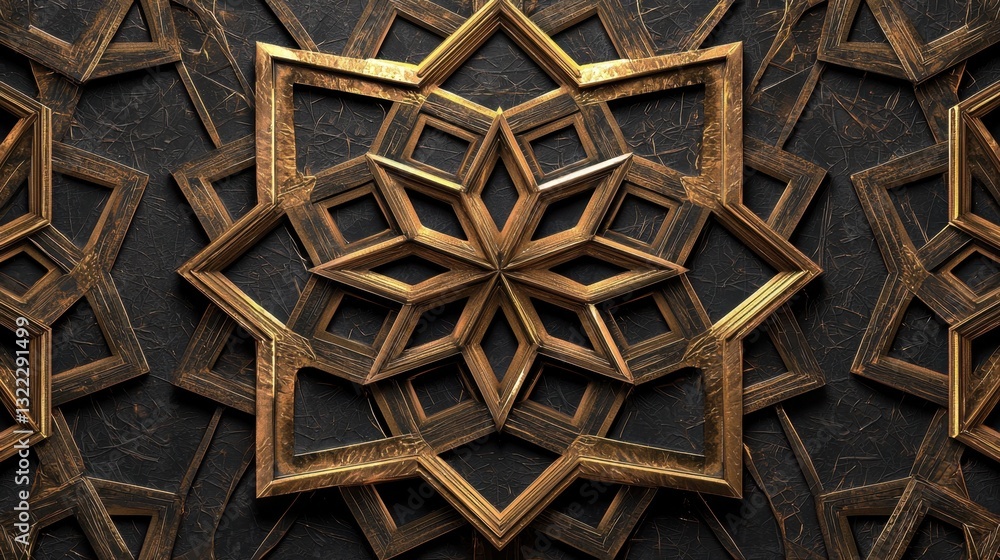 Poster this artistic design features an array of golden star shapes intricately arranged against a dark, te