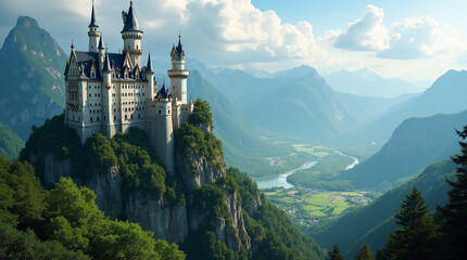 A breathtaking view of a grand castle perched atop a mountain, surrounded by lush greenery and rolling hills.