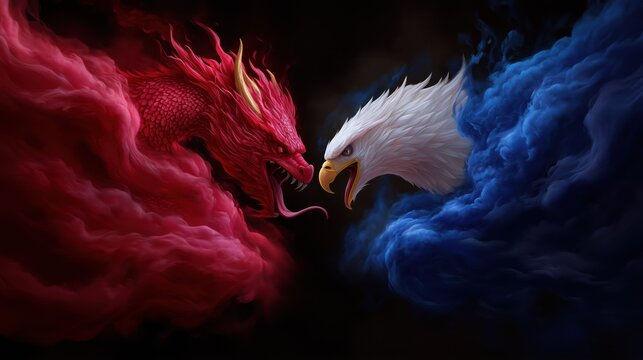 A fierce battle on the stock market, symbolized by a Chinese dragon and an American eagle attacking each other, representing the trading war between China and the U.S.