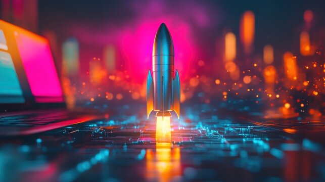 A sleek, silver rocket poised for liftoff against a vibrant, futuristic laptop background symbolizes a successful startup launch and ambitious business development, signifying innovation and growth.
