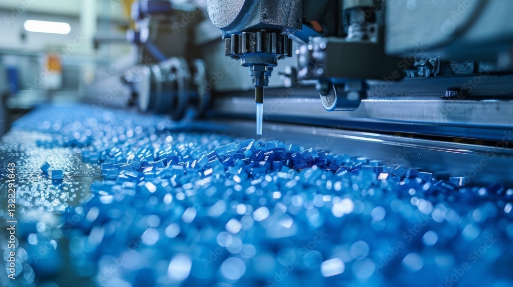 Poster A machine is actively molding and processing blue plastic pellets in a busy factory setting. The bright lighting and organized workspace highlight efficient production.