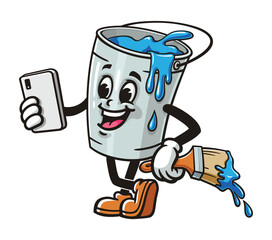 Cartoon mascot character Paint bucket holding gadget
