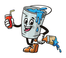 Cartoon mascot character Paint bucket holding a soft drink