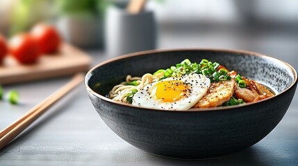   A photo of a close-up bowl of food resting on a table with chopsticks and a cutting board in the background