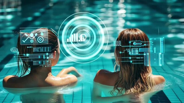 Data processing overlays applied to women relaxing in a pool during a sunny day, data processing and diagrams over caucasian female friends in swimming pool