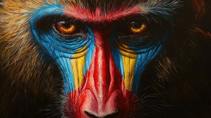 A baboon stares directly into the viewer's eyes, its face adorned with vibrant blue, yellow, and red markings