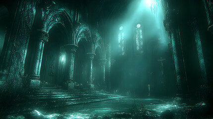 Obraz premium Dark, mystical, ancient cathedral interior. Sunlight streams through stained-glass windows, illuminating the damp stone arches and columns of a forgotten temple