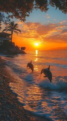 Dolphins leaping through sea spray high resolution image