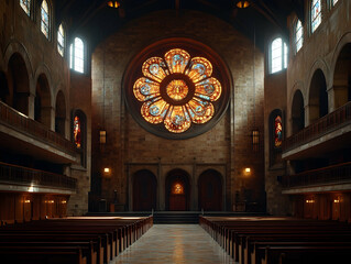 Obraz premium Grand church interior, stained glass window