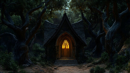 Fototapeta premium Dark woodland chapel at twilight