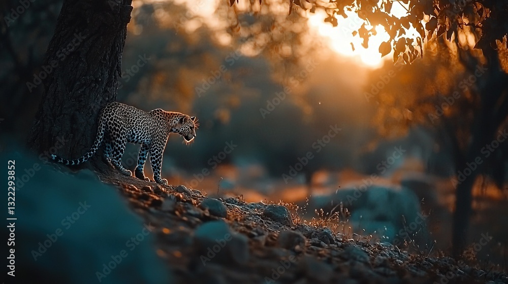 Poster a leopard stands beside a tree, sun beams filtering through branches and casting dappled light onto 