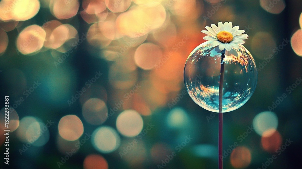 Poster a flower close-up in a bubble with a hazy background of trees and distant lights